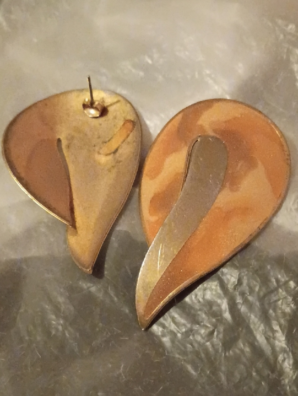 Vintage Teardrop Two-Tone Metal Earrings - Brown & Gold